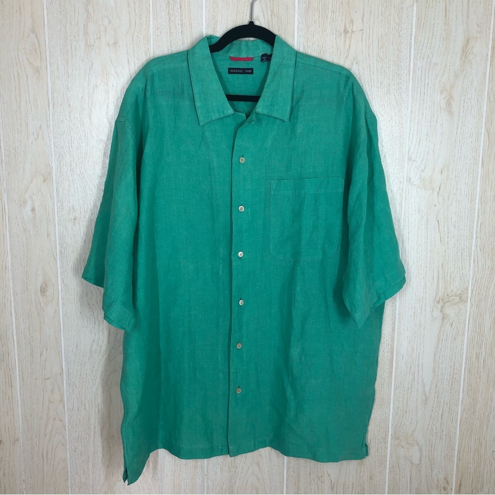McKenzie Tribe Green Teal Linen Button Down Short Sleeve Shirt